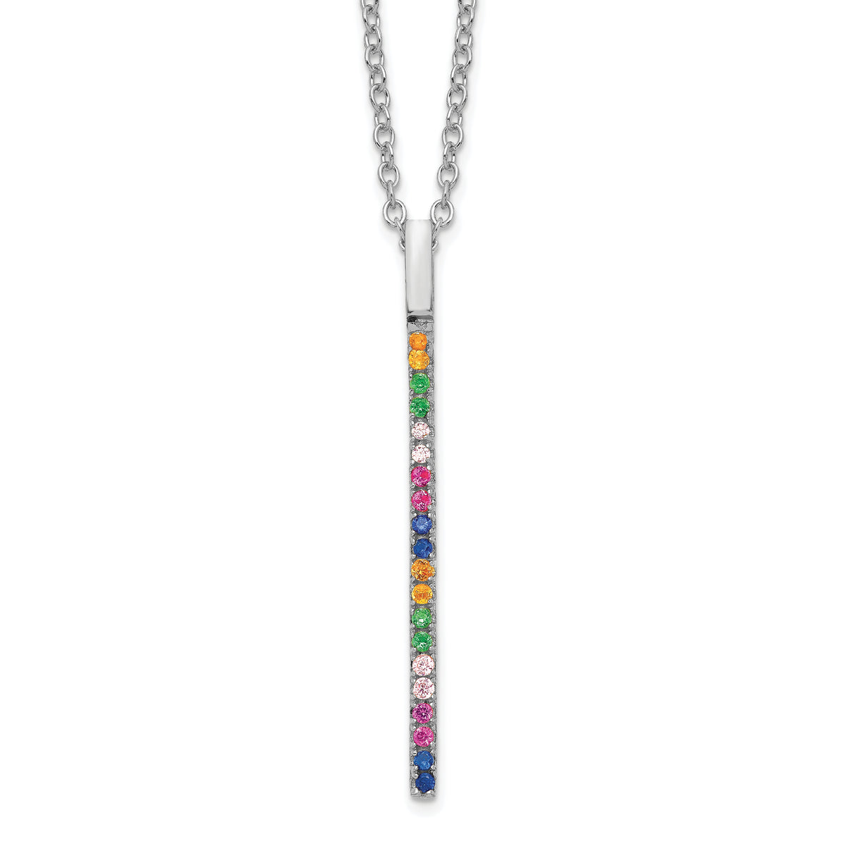 Prizma Sterling Silver Rhodium-plated 16 inch Colorful CZ Vertical Bar Necklace with 2 inch Extender