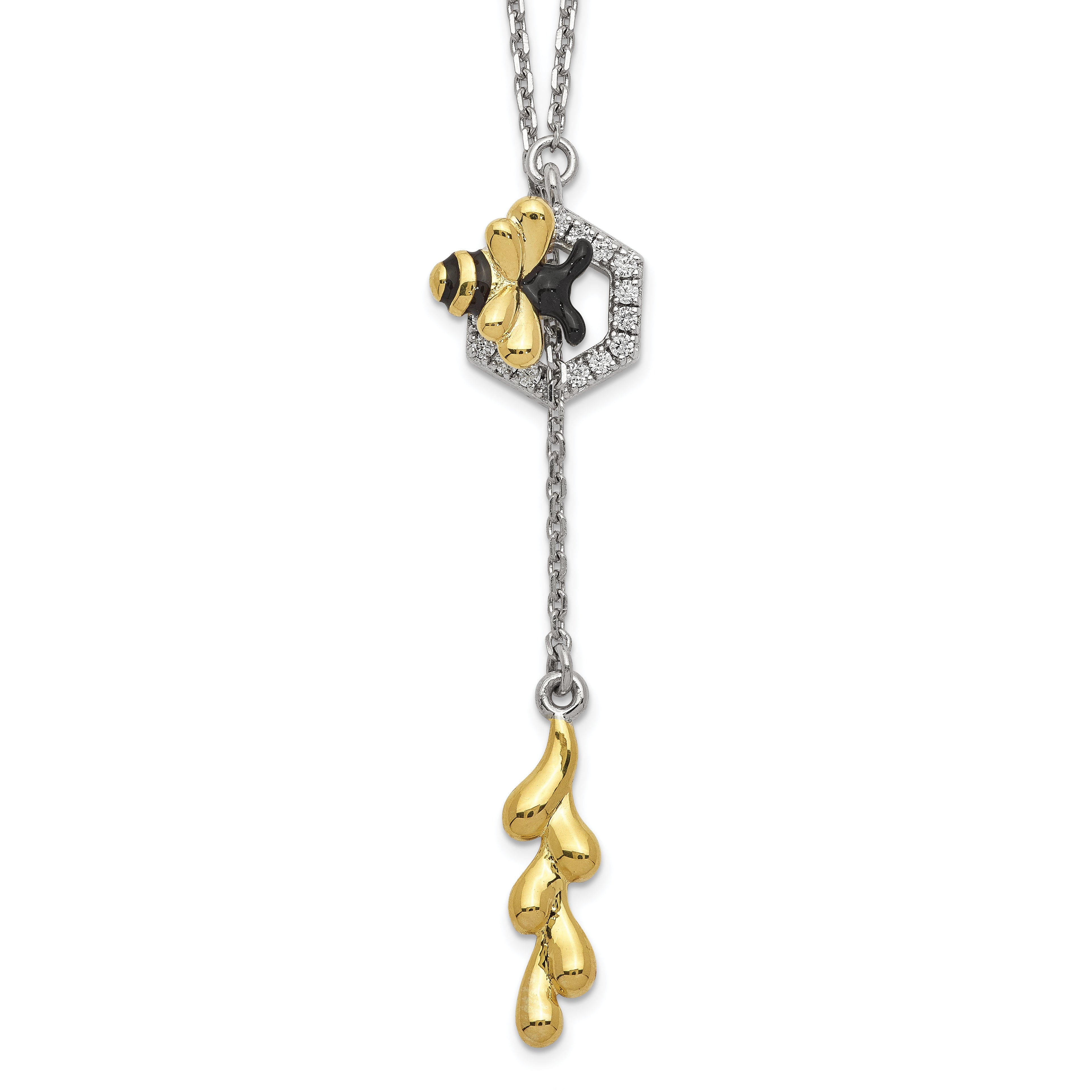 Sterling Silver Rhod-plated & Gold-tone EnmlBee CZs Adjustable Necklace