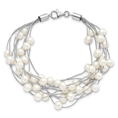 Sterling Silver Rhod-plat 7-8mm White FWC Pearl 10-rows Bracelet