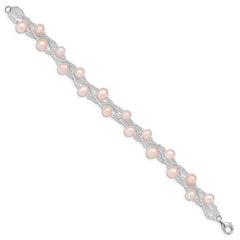 Sterling Silver Rhd-plt 7-9mm Pink FWC Pearl & Glass Beaded Bracelet