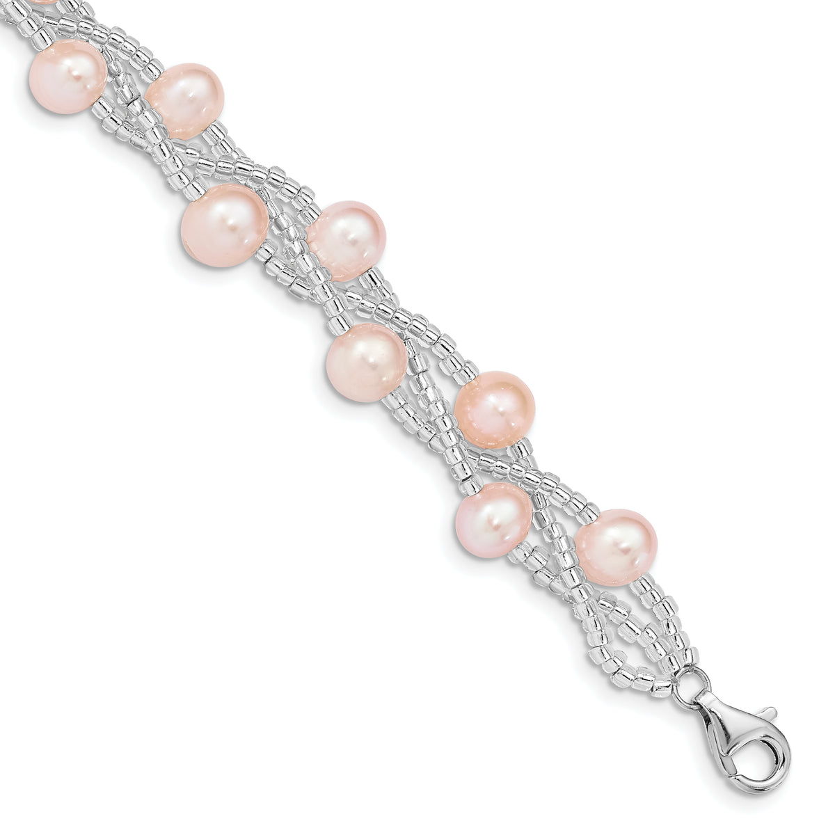 Sterling Silver Rhd-plt 7-9mm Pink FWC Pearl & Glass Beaded Bracelet