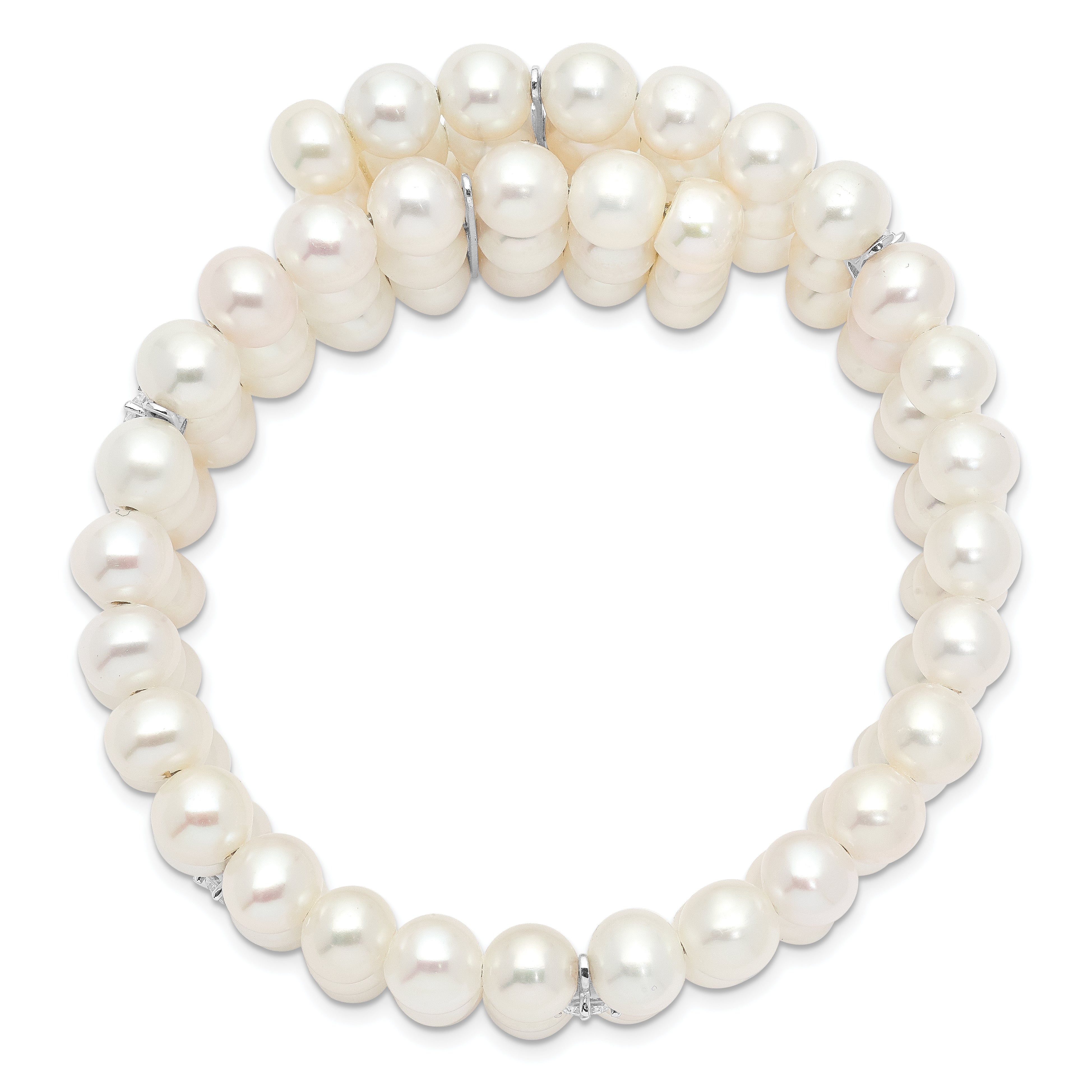 Sterling Silver Rhod-plat 6-7mm White FWC Pearl & CZ 3 Row Bracelet