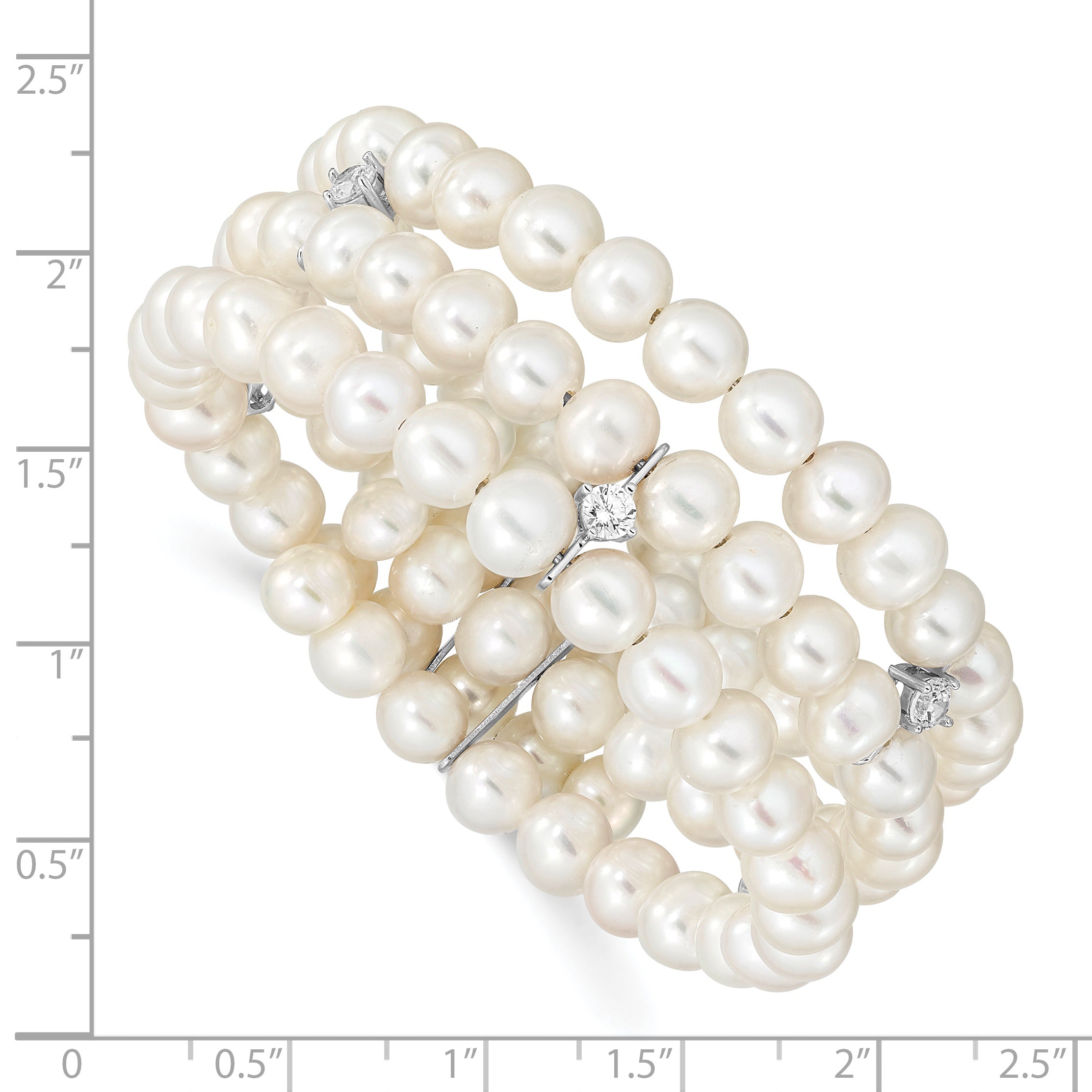 Sterling Silver Rhod-plat 6-7mm White FWC Pearl & CZ 3 Row Bracelet