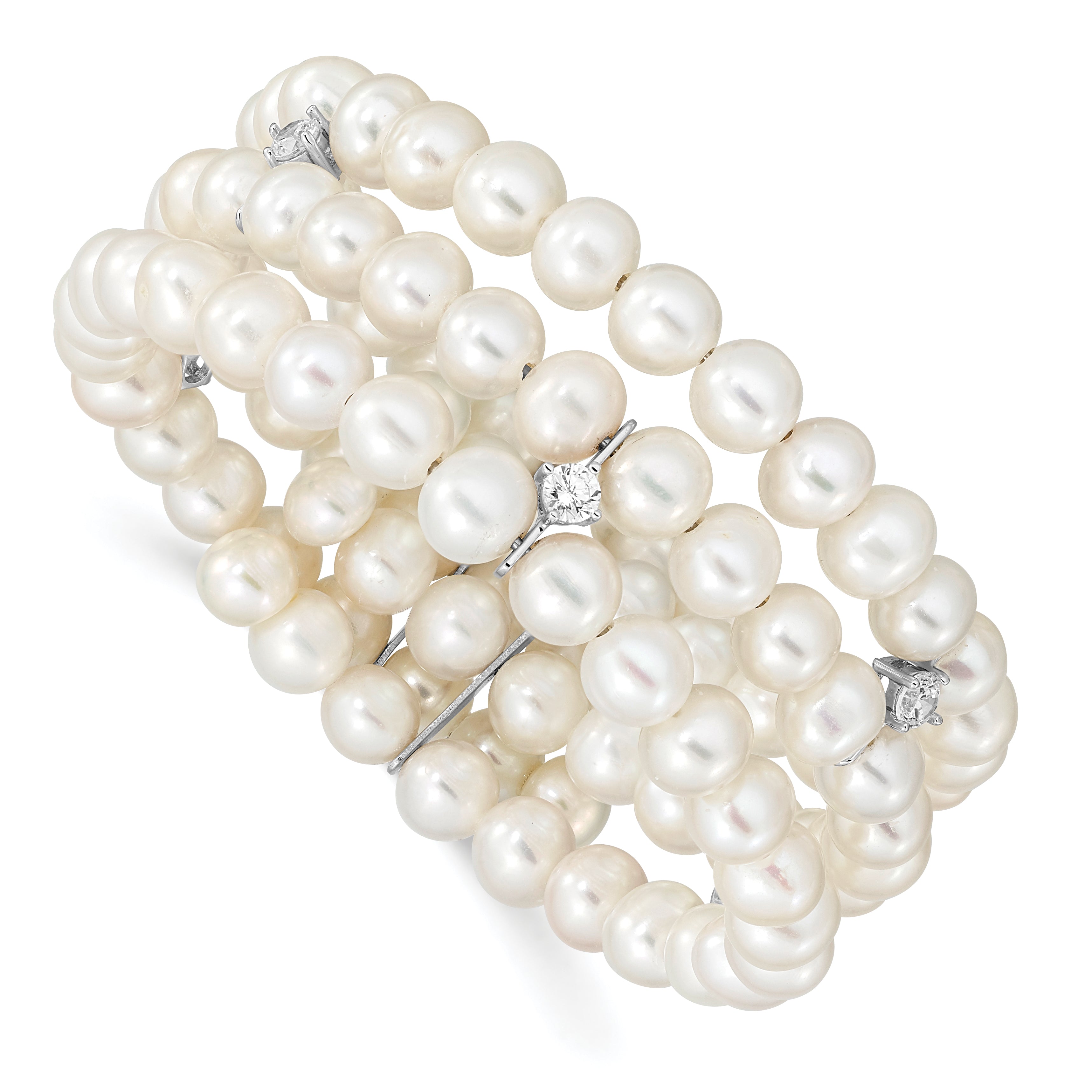 Sterling Silver Rhod-plat 6-7mm White FWC Pearl & CZ 3 Row Bracelet