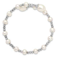 Sterling Silver Rh-plated 5-6mm and 8mm White FWC Pearl Coil Bangle