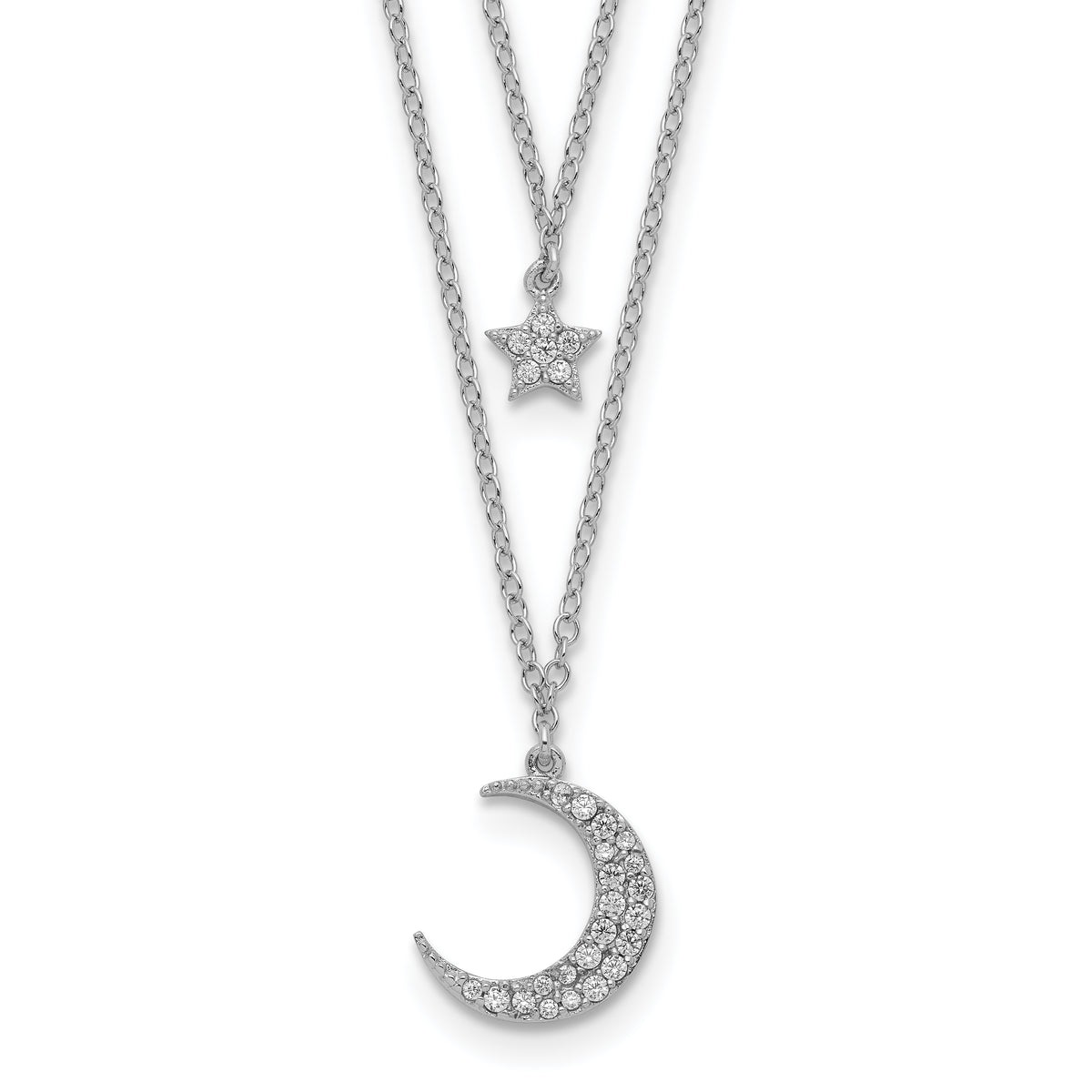 Sterling Silver Rhod-pltd CZ Star and Moon 2in ext 2-strand Necklace