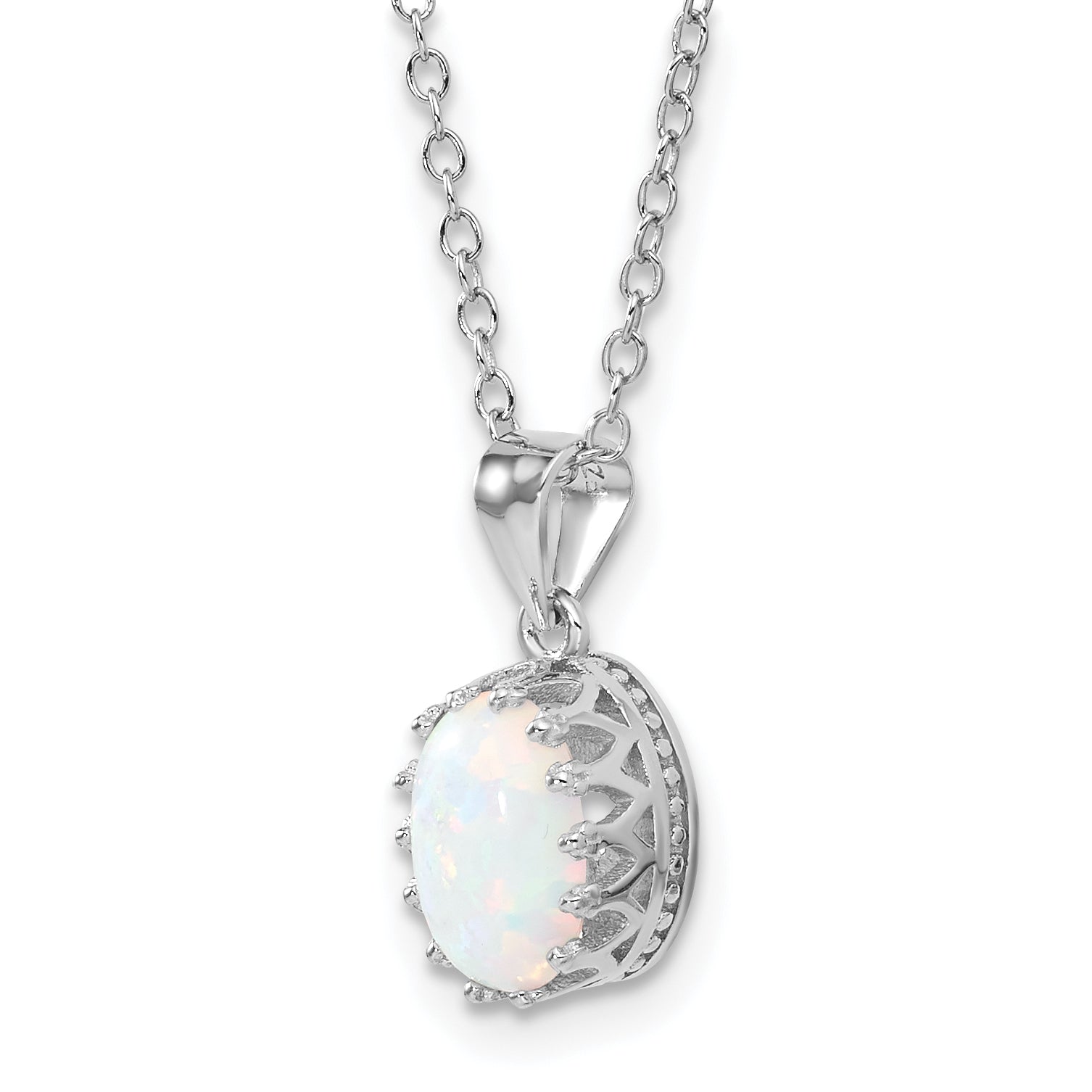 Sterling Silver Rhodium-plated Polish Oval Created Opal Necklace