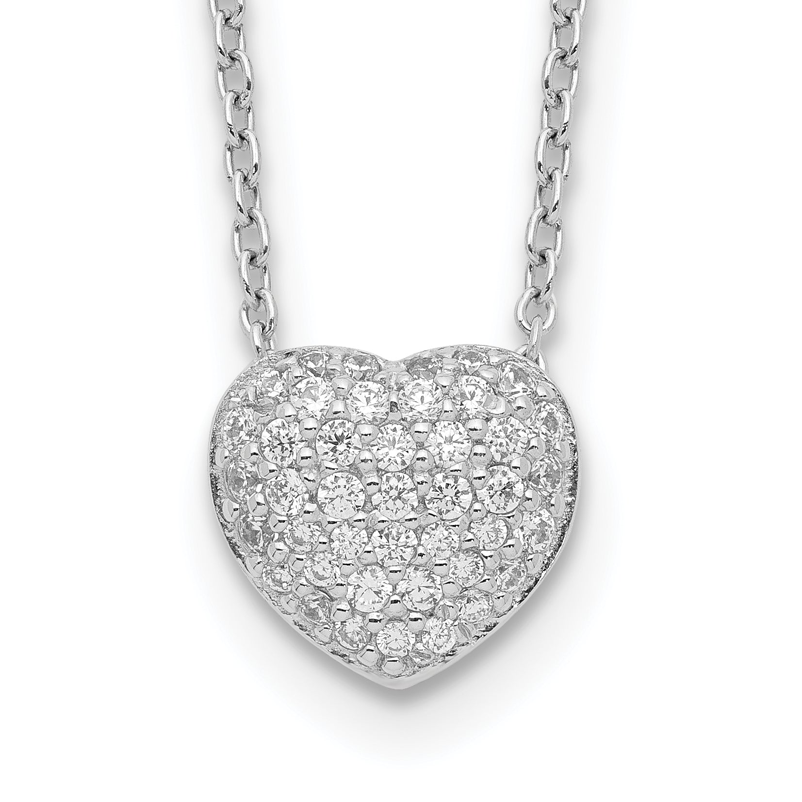 Sterling Silver Rhodium Plated CZ Heart w/1.5in ext Necklace