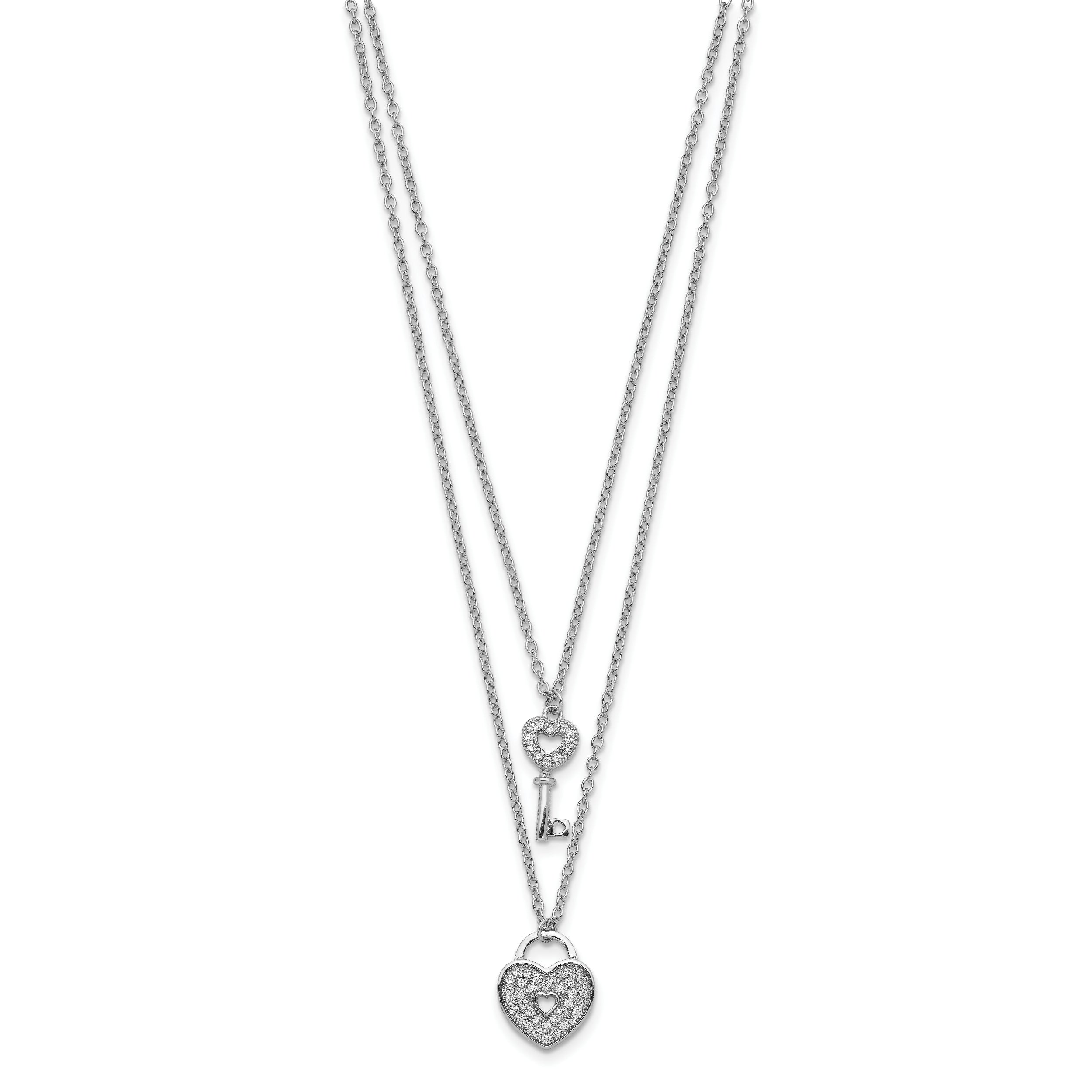 Sterling Silver Rhodium-plated CZ Heart Lock/Key w/2in ext Necklace