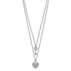 Sterling Silver Rhodium-plated CZ Heart Lock/Key w/2in ext Necklace