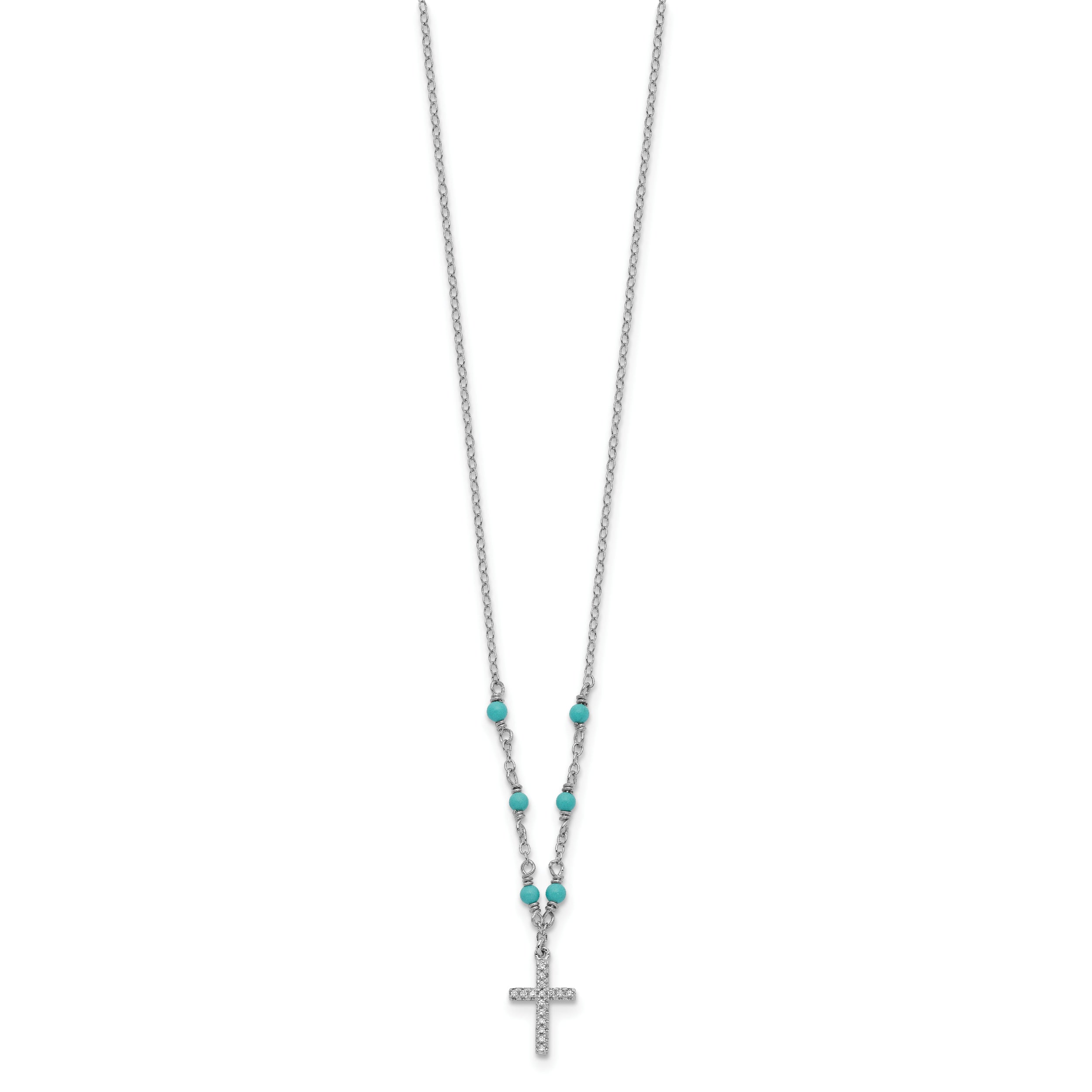 Sterling Silver RH-plated CZ Cross Synth. Turquoise 2in ext Necklace