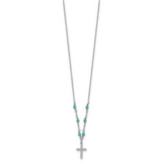 Sterling Silver RH-plated CZ Cross Synth. Turquoise 2in ext Necklace