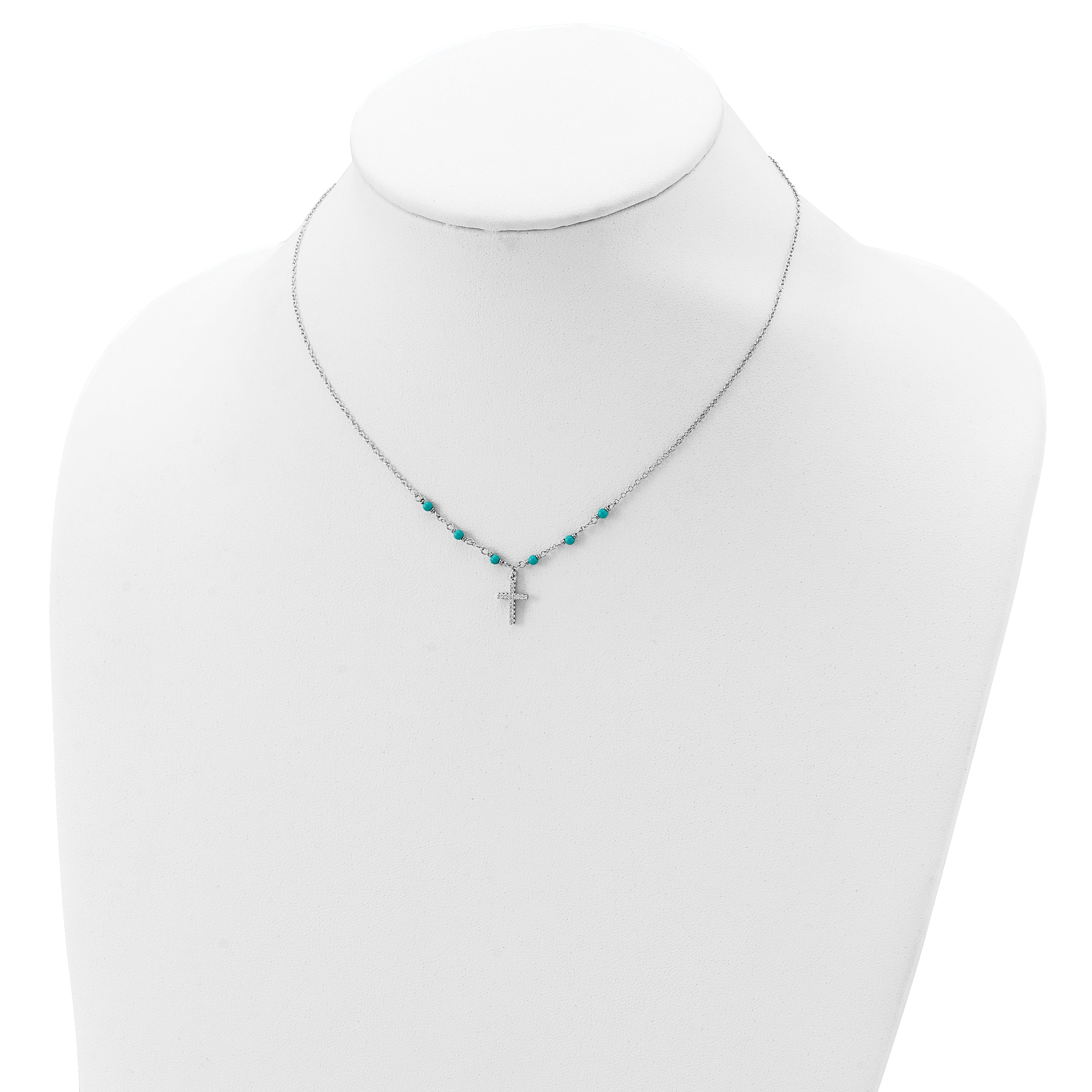 Sterling Silver RH-plated CZ Cross Synth. Turquoise 2in ext Necklace