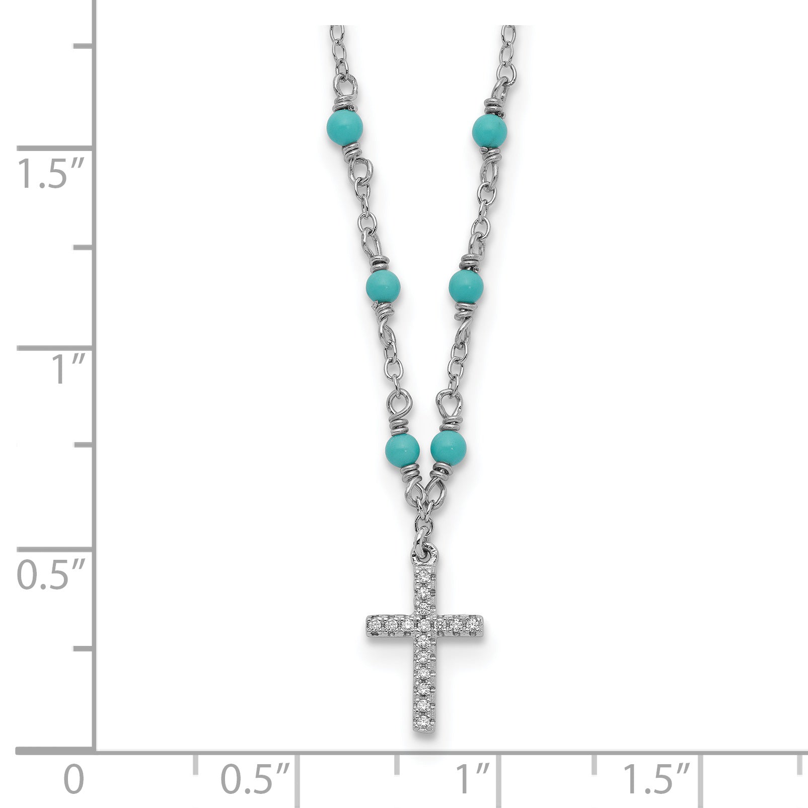 Sterling Silver RH-plated CZ Cross Synth. Turquoise 2in ext Necklace