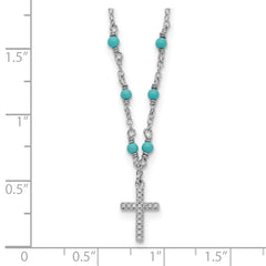 Sterling Silver RH-plated CZ Cross Synth. Turquoise 2in ext Necklace