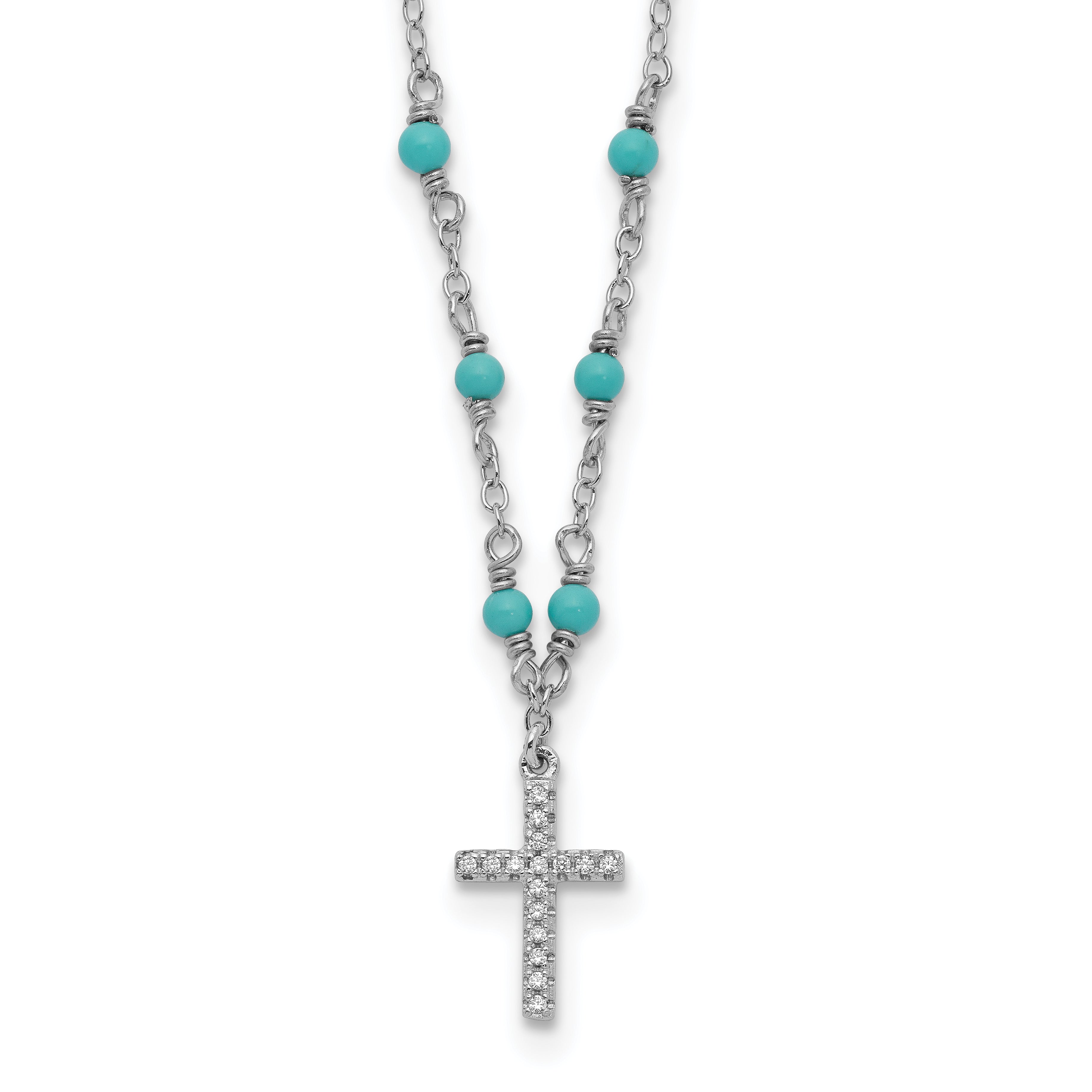 Sterling Silver RH-plated CZ Cross Synth. Turquoise 2in ext Necklace