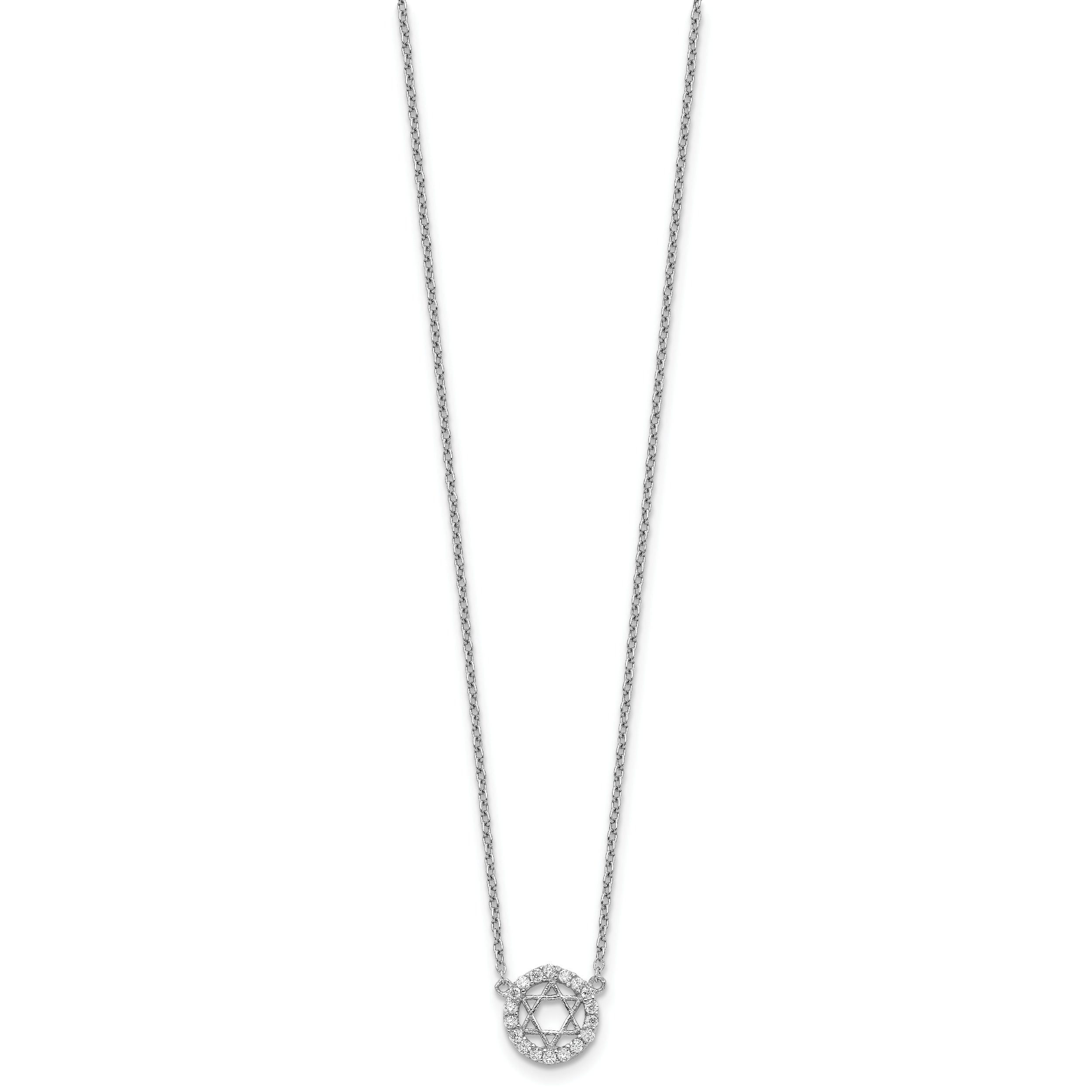 Sterling Silver Rhodium-plated CZ Star of David w/ 2in ext. Necklace