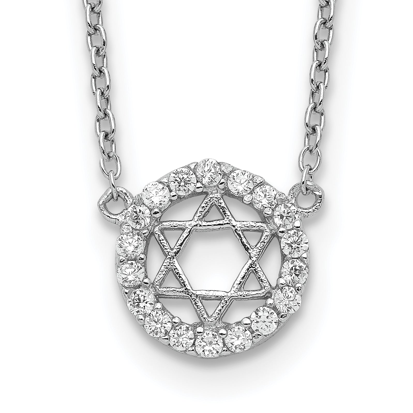 Sterling Silver Rhodium-plated CZ Star of David w/ 2in ext. Necklace