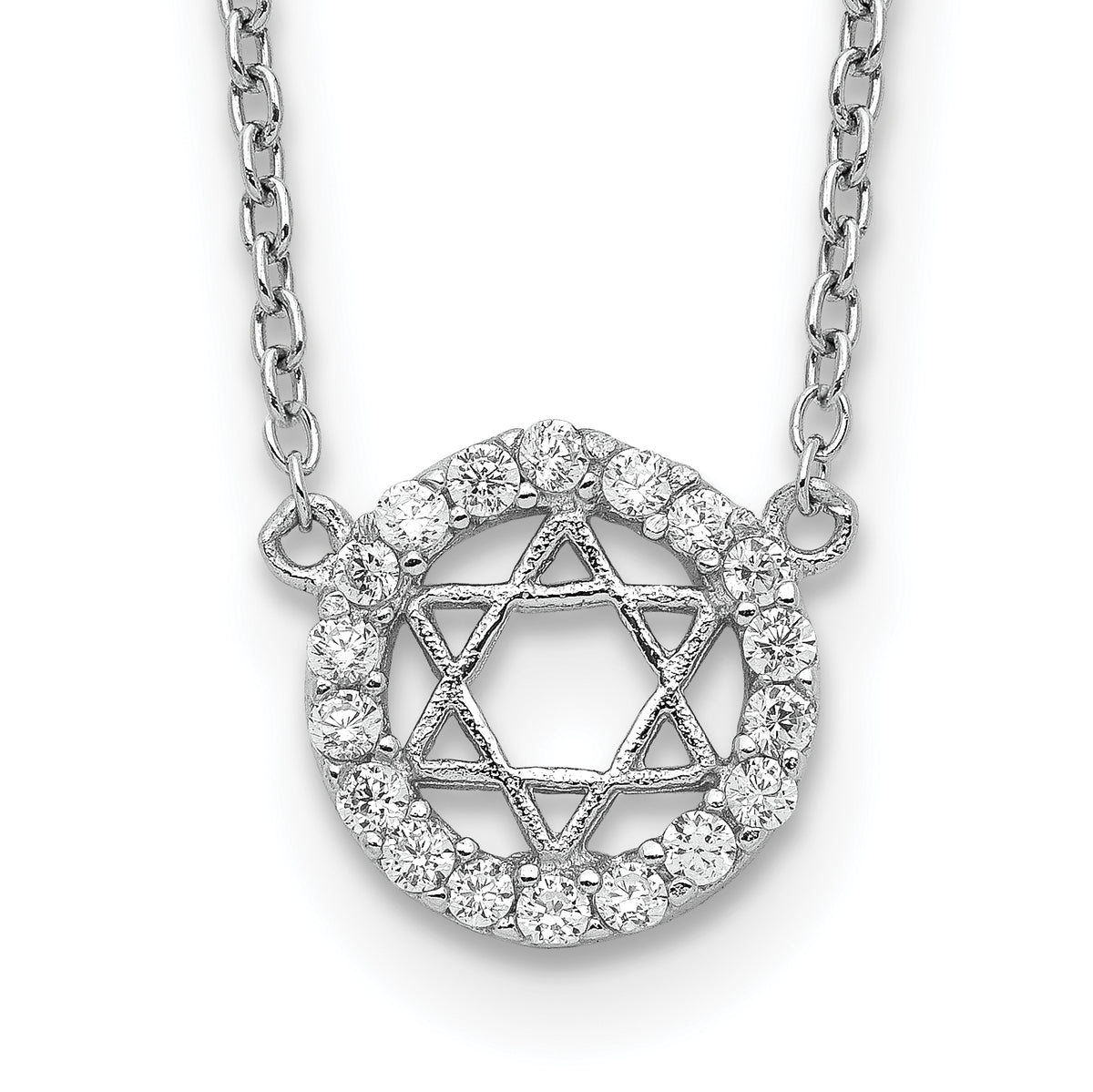 Sterling Silver Rhodium-plated CZ Star of David w/ 2in ext. Necklace