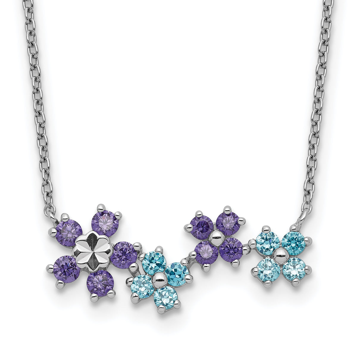 Sterling Silver Purple and Blue CZ Diamond-cut Flower Necklace