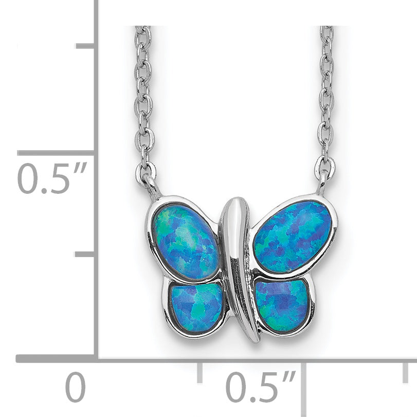 Sterling Silver Rhodium plated Created Opal Butterfly Inlay Necklace