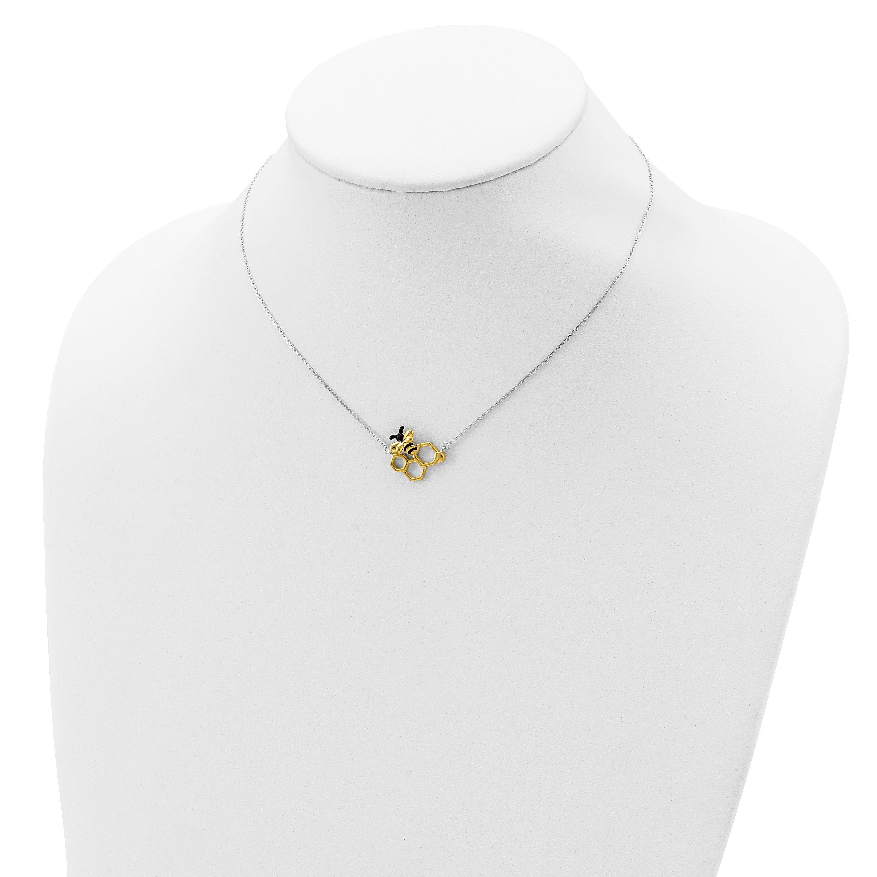 Sterling Silver RH-plated Gold-tone Enamel Bee w/2 in ext Necklace