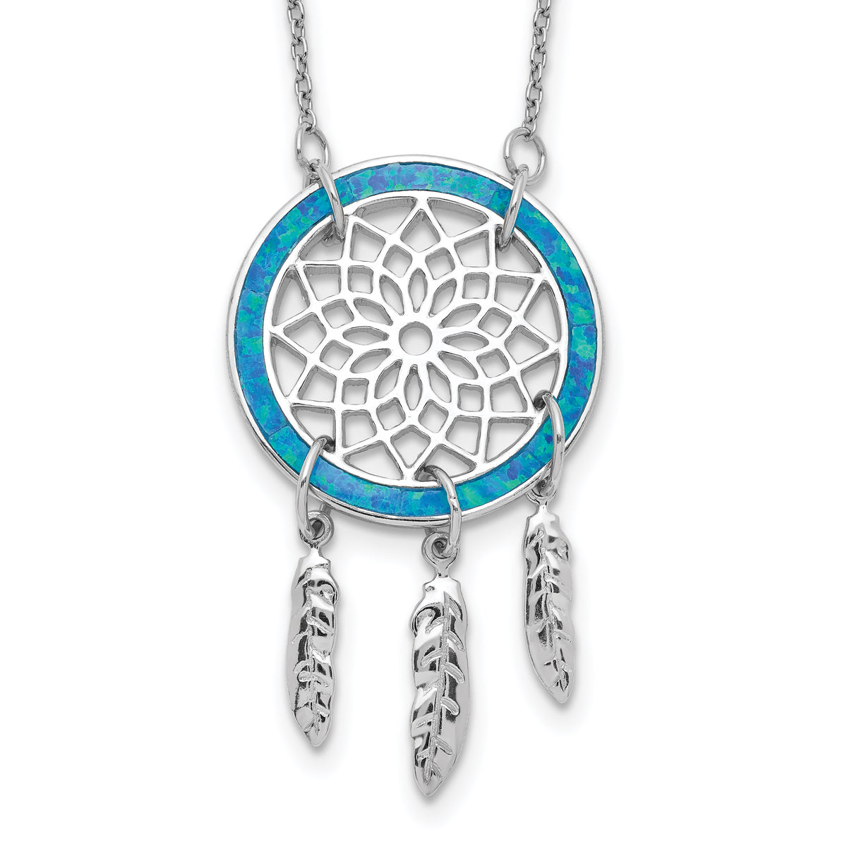 Sterling Silver Rhod-pltd Created Opal Dreamcatcher w/2in ext Necklace