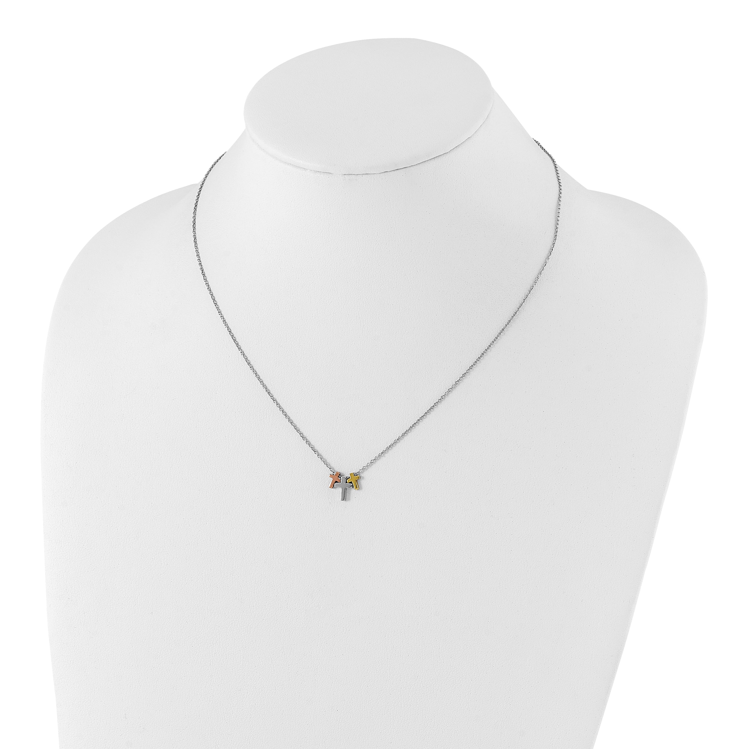 Sterling Silver Rose and Gold-tone 3-Cross w/ 2in ext. Necklace