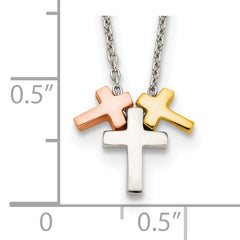 Sterling Silver Rose and Gold-tone 3-Cross w/ 2in ext. Necklace