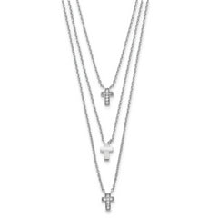 Sterling Silver RH-plated Three Strand CZ Cross Necklace