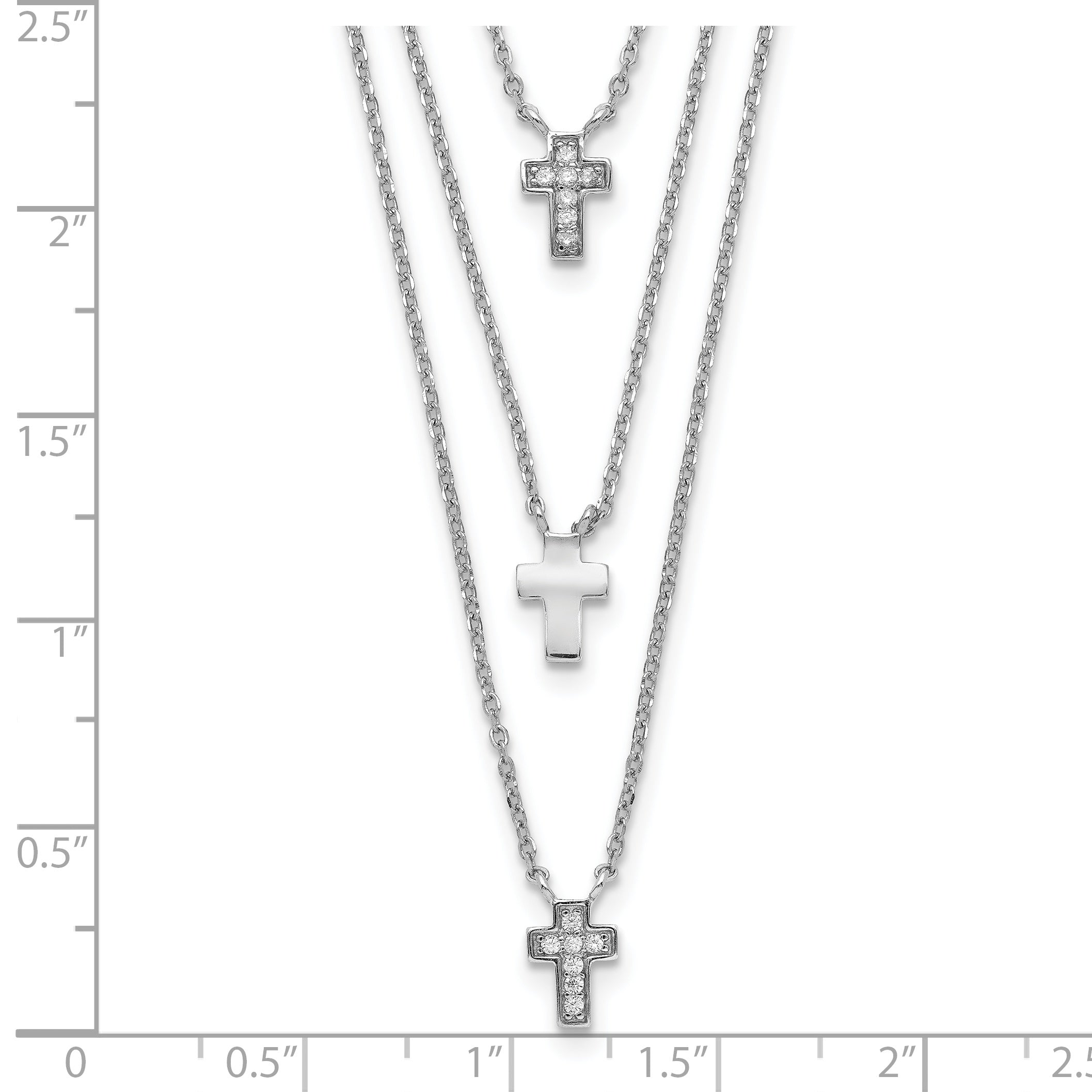 Sterling Silver RH-plated Three Strand CZ Cross Necklace