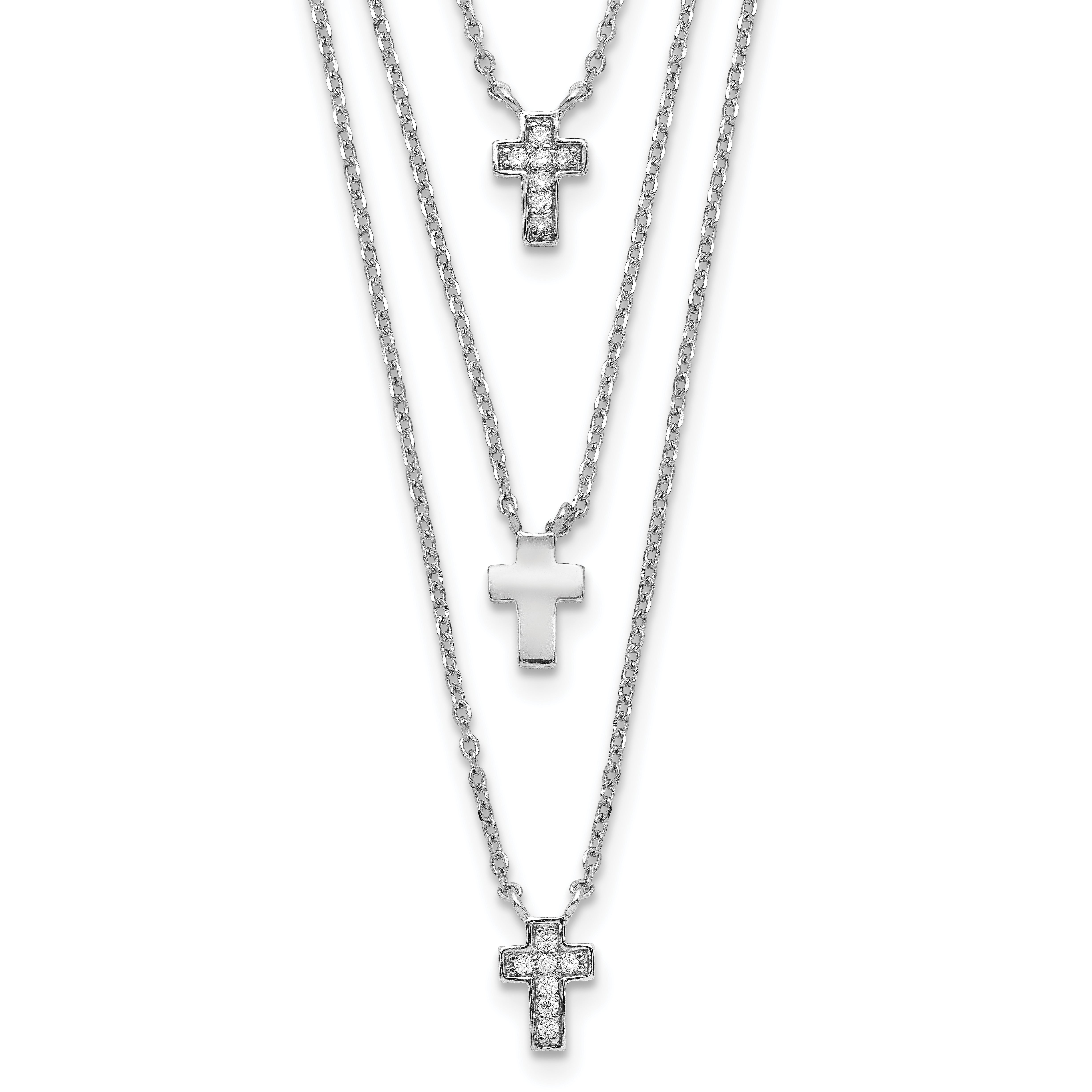 Sterling Silver RH-plated Three Strand CZ Cross Necklace