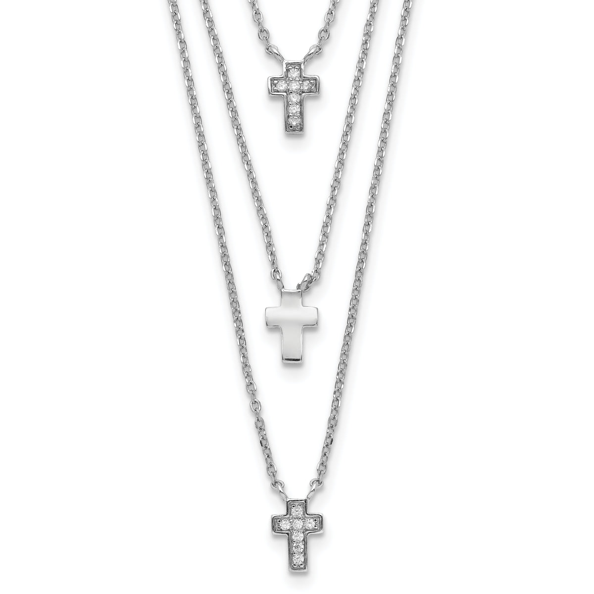 Sterling Silver RH-plated Three Strand CZ Cross Necklace