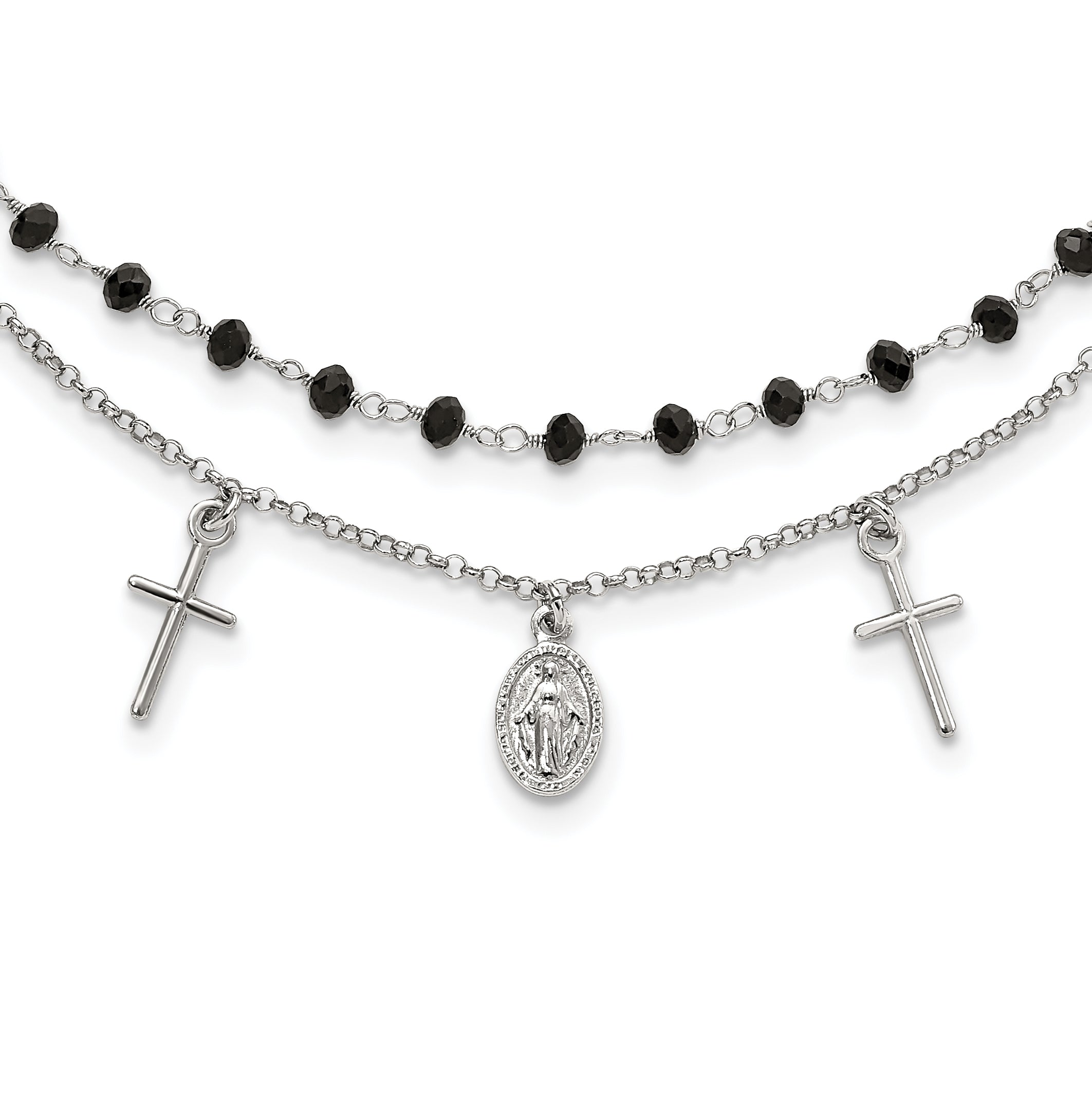 Sterling Silver RH-plated Black Beaded Cross/Miraculous Medal Necklace