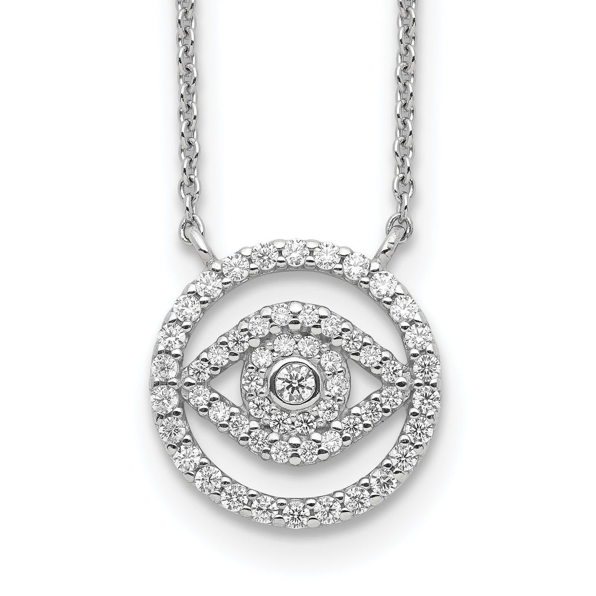 Sterling Silver Rhodium Plated CZ Evil Eye Necklace w/2in ext.