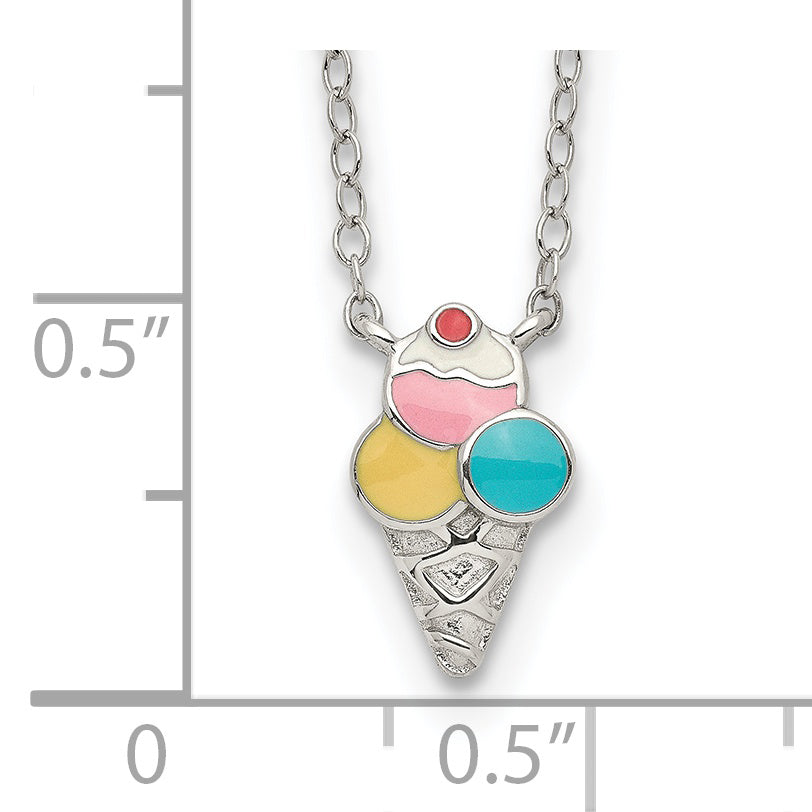 Sterling Silver Polished & Textured Multi-color Enameled Ice Cream Cone with 2 Inch Extension Children's Necklace