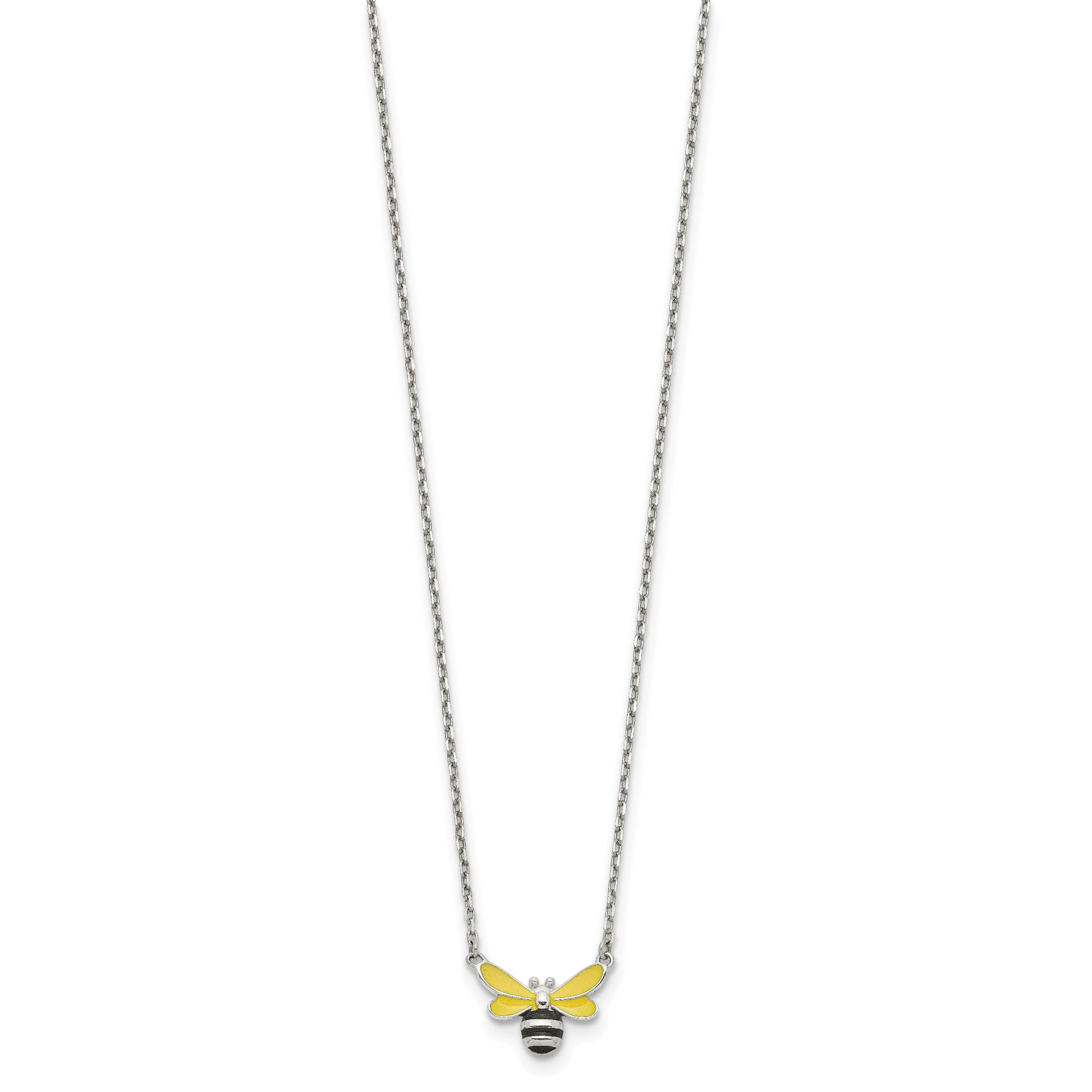 Sterling Silver Polished Yellow & Black Enameled Bumblebee with 2 Inch Extension Children's Necklace