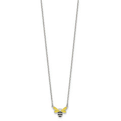 Sterling Silver Polished Yellow & Black Enameled Bumblebee with 2 Inch Extension Children's Necklace