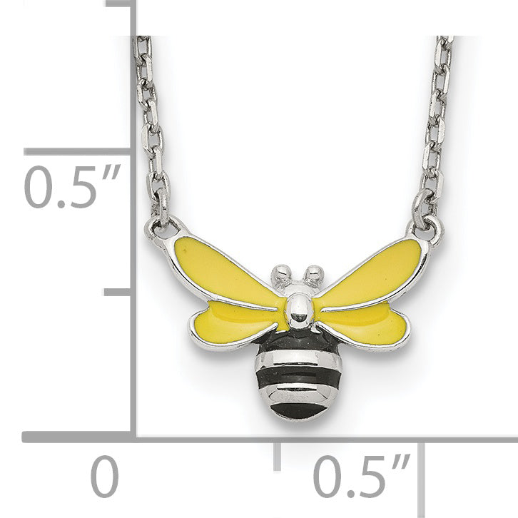 Sterling Silver Polished Yellow & Black Enameled Bumblebee with 2 Inch Extension Children's Necklace