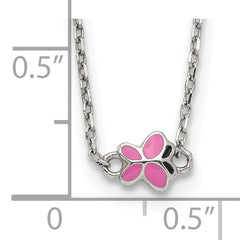 Sterling Silver Polished Pink & Black Enameled Butterfly with 2 Inch Extension Children's Necklace