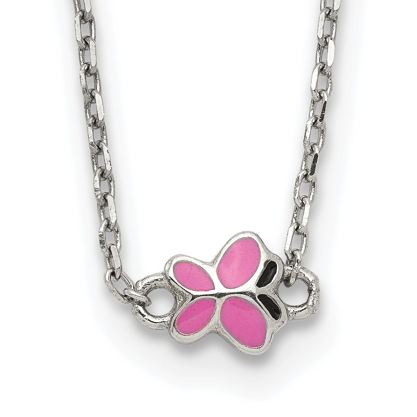 Sterling Silver Polished Pink & Black Enameled Butterfly with 2 Inch Extension Children's Necklace