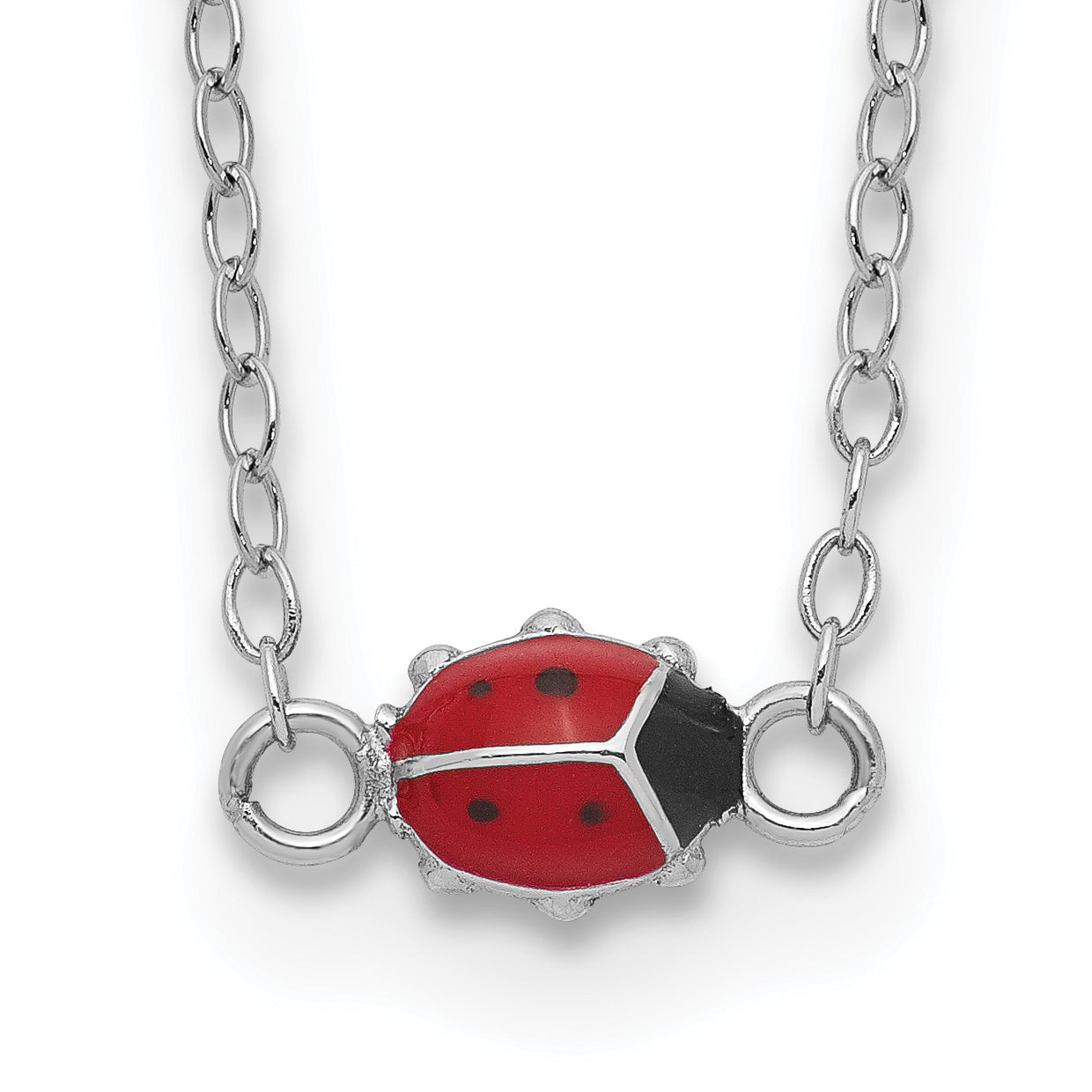 Sterling Silver Polished Red & Black Enameled Ladybug with 2 Inch Extension Children's Necklace