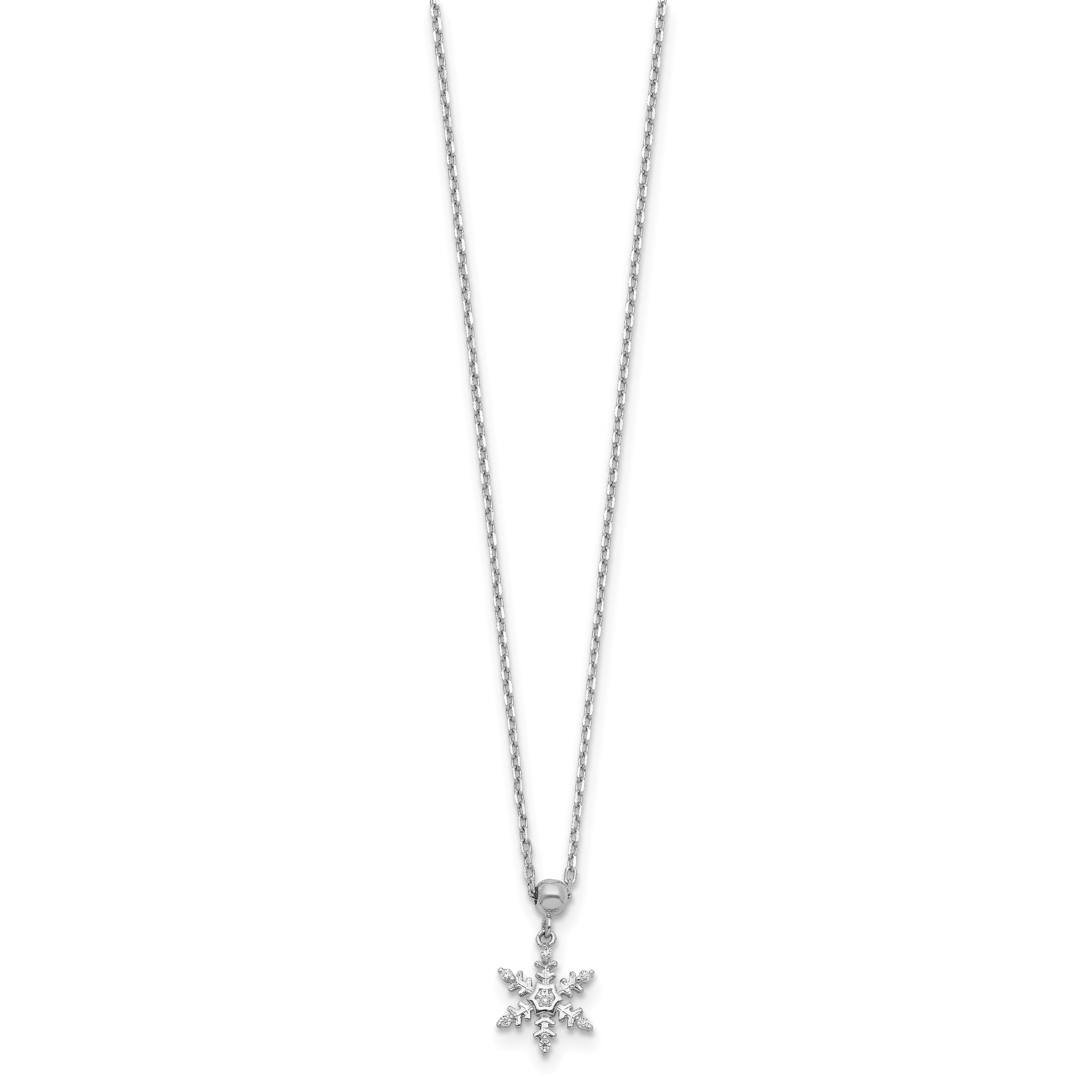 Sterling Silver RH-plated Polished CZ Snowflake w/2in Ext. Necklace