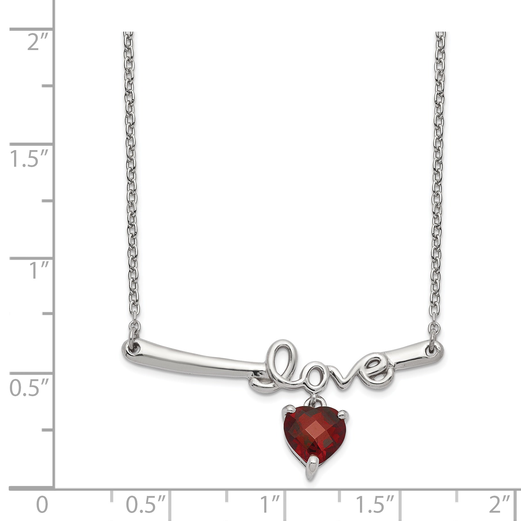 Sterling Silver Rhod-plat Heart Garnet Love w/2.25in ext. Necklace