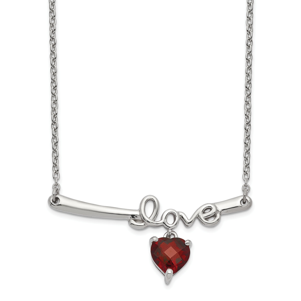 Sterling Silver Rhod-plat Heart Garnet Love w/2.25in ext. Necklace