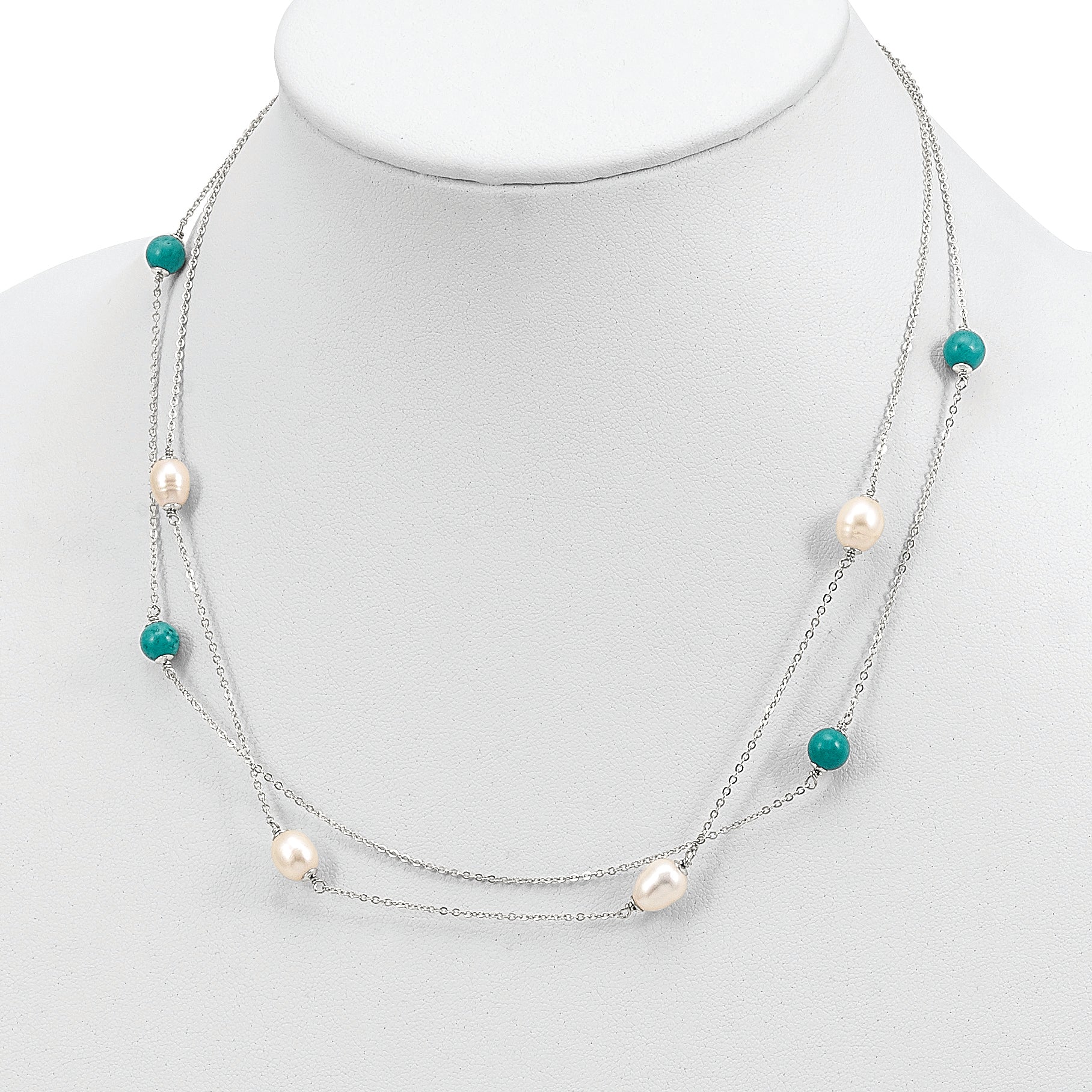 Sterling Silver Rhod-plated Turquoise/FWC Pearl w/2 in ext Necklace