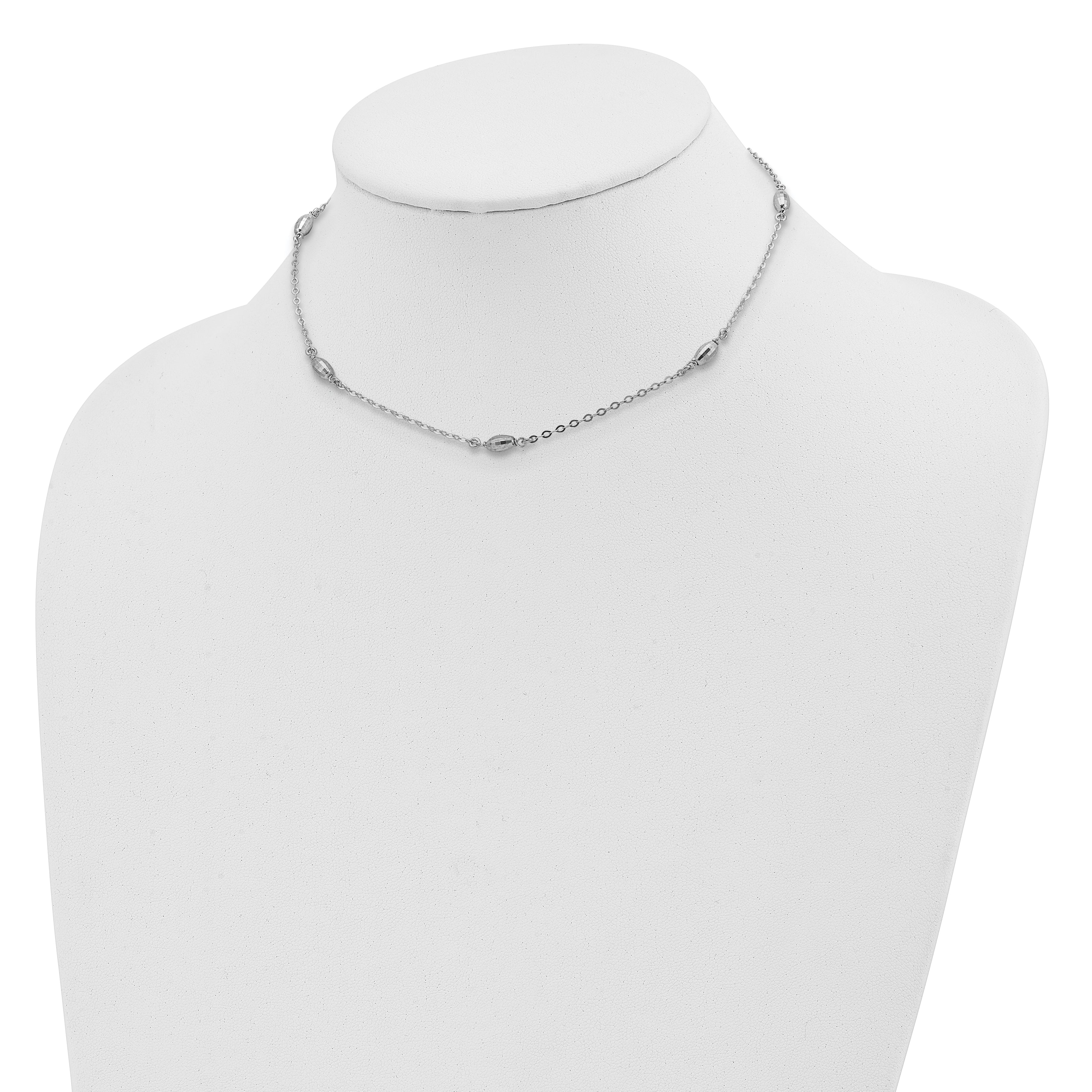 Sterling Silver Rhodium-plated Diamond-cut Oval Beads w/3in ext Choker