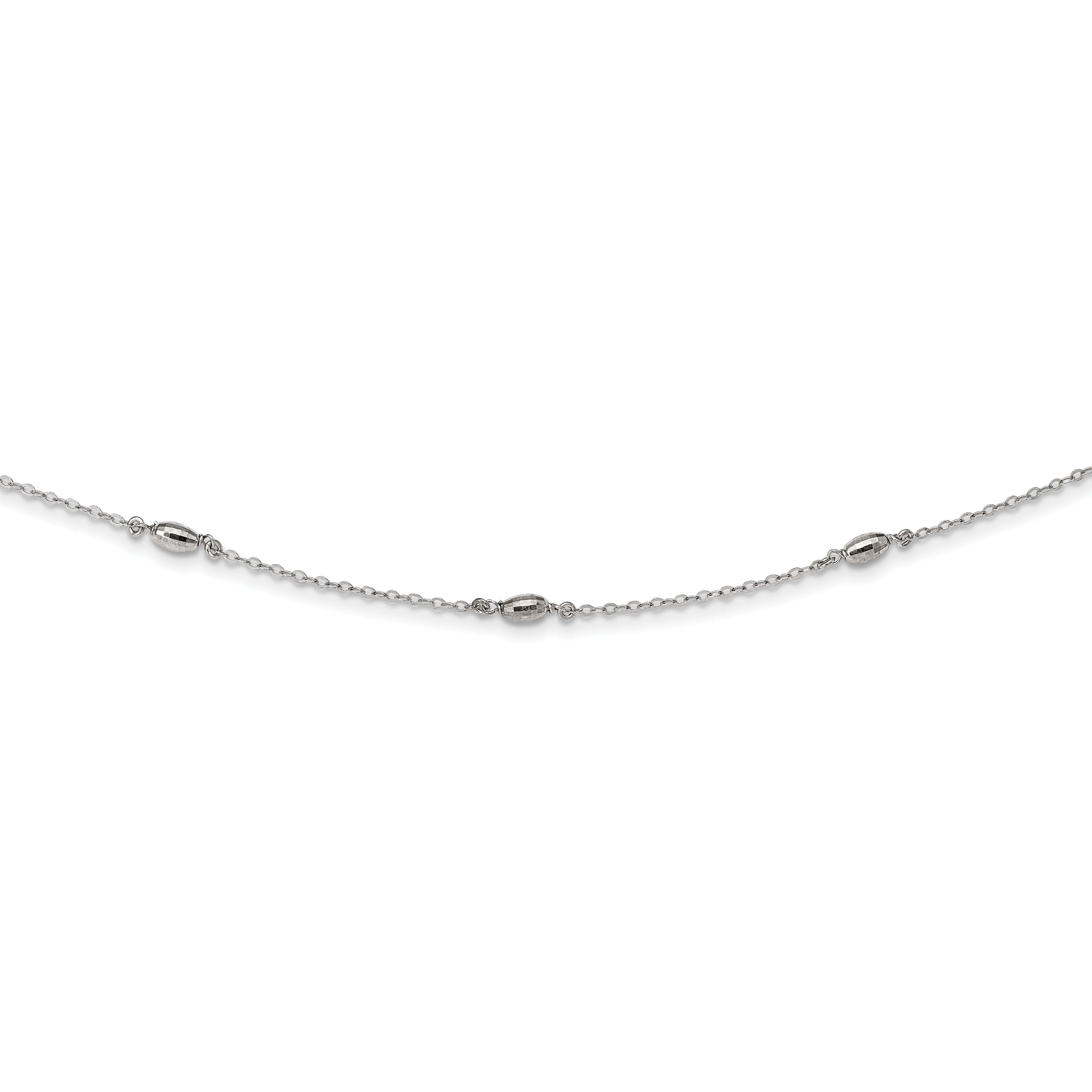 Sterling Silver Rhodium-plated Diamond-cut Oval Beads w/3in ext Choker