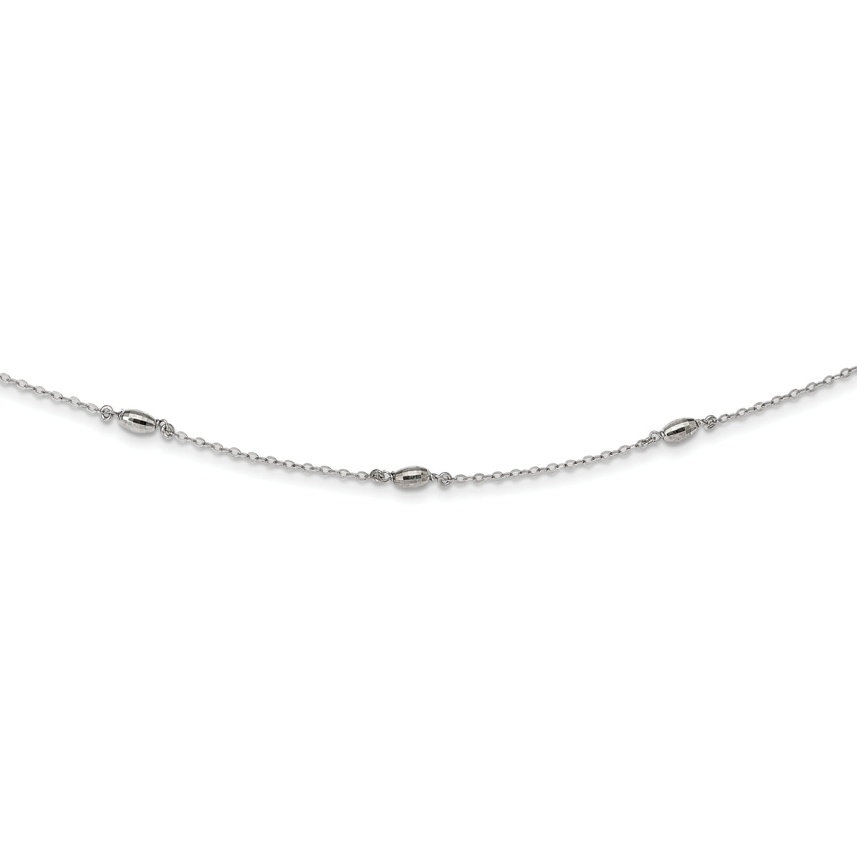 Sterling Silver Rhodium-plated Diamond-cut Oval Beads w/3in ext Choker