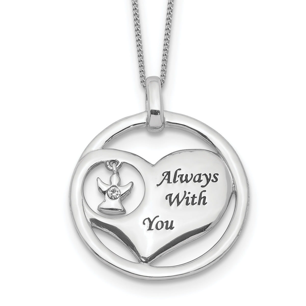 Sterling Silver Rhod-pltd Crystal Angel Enamel Heart Necklace